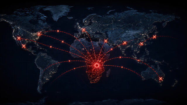 A world map with flight routes radiating from Central Africa shown across routes from DRC and Uganda to international hubs. Travel restriction and global health security concept.