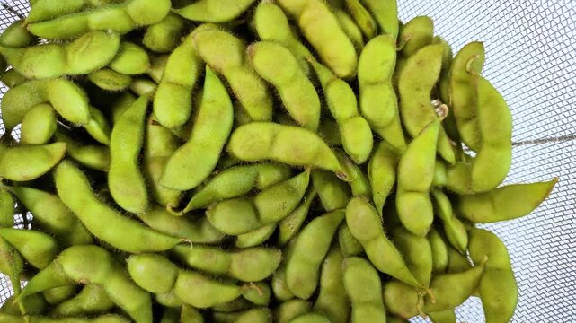 ザルに盛った茹でたてのだだちゃ豆（枝豆）の回転動画