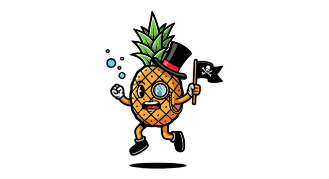 Whimsical Pirate Pineapple Cartoon Character Holding Flag.