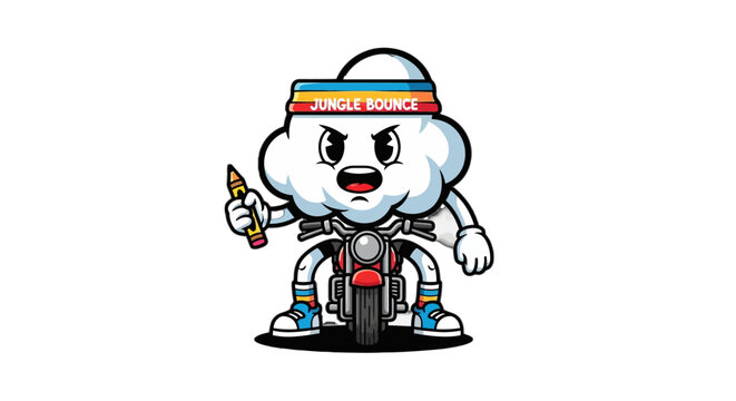 Cute cartoon cloud character riding a motorcycle with drink.