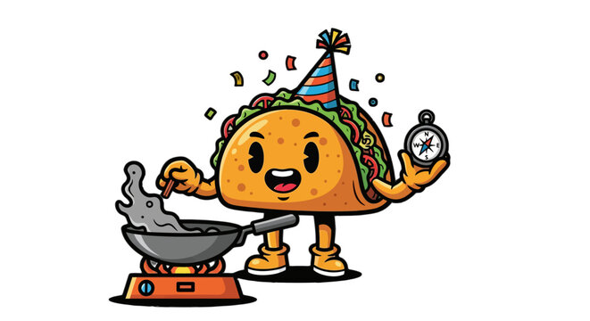 Celebrating Taco Character Cooking with Party Hat and Timer.