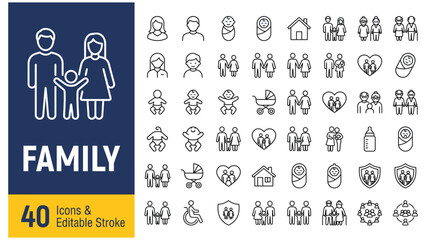 Family web icons in line style. Parents, mother, father, baby, children, grandparents, collection. Vector illustration.
