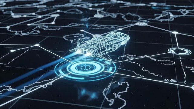 Futuristic drone flies on map.
