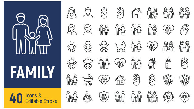 Family web icons in line style. Parents, mother, father, baby, children, grandparents, collection. Vector illustration.

