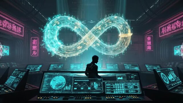 Man working on computer with infinity symbol.