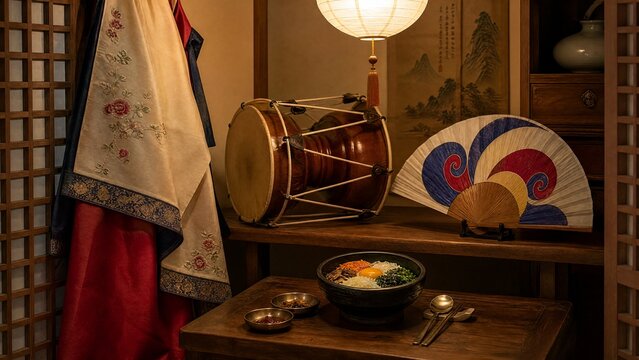 Hanbok sleeve, janggu drum, fan and bibimbap, Korean cultural display