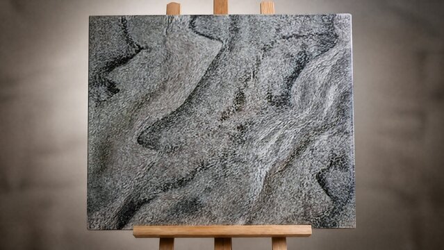 Polished diorite slab on wooden easel, swirling grey patterns and mica flecks.