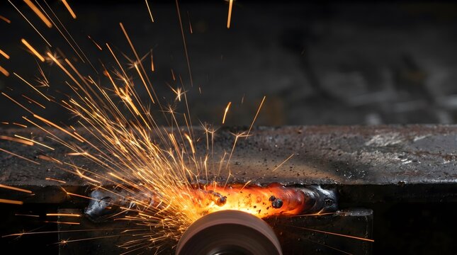 Grinding metal sparks, industrial work and manufacturing macro close-up, industrial detail, manufacturing background