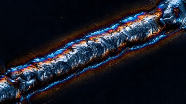 Abstract macro shot of a weld seam, showing industrial metal and heat patterns macro close-up, industrial detail, manufacturing background
