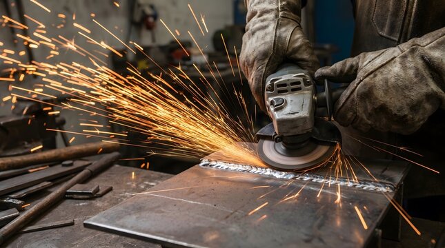 Welder grinding metal with sparks flying, industrial workshop and craftsmanship macro close-up, industrial detail, manufacturing background