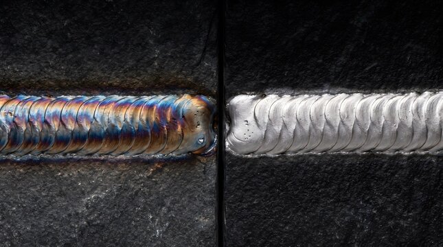Macro detail of industrial weld joint showing distinct color differences and texture macro close-up, industrial detail, manufacturing background