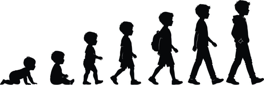 Stages of human development from birth to adulthood shown as silhouette figures.
