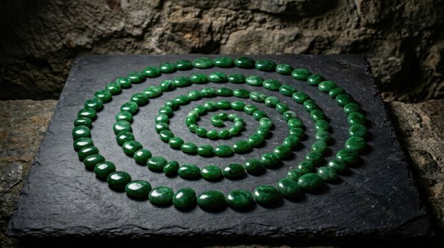 Polished deep green jade stones meticulously arranged in a large spiral pattern on a textured black slate slab placed against a rustic stone wall background in dim light.