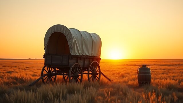 Covered wagon on golden prairie at sunset with barrel and lantern, pioneer heritage concept.