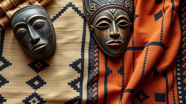Flat lay of vintage Kuba cloth with geometric pattern, African textile and interior decor concept.