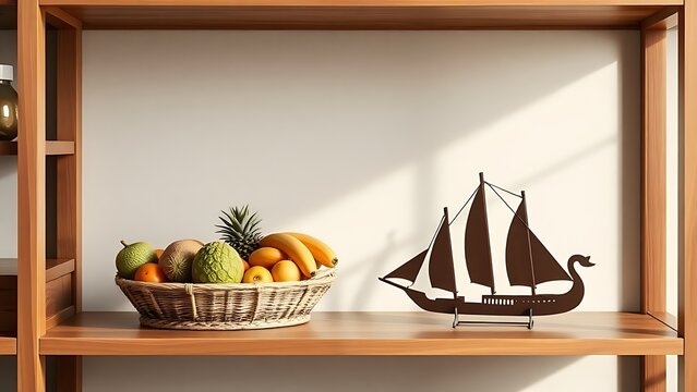Maldives souvenir display with miniature dhow boat and tropical fruit platter, travel decor.