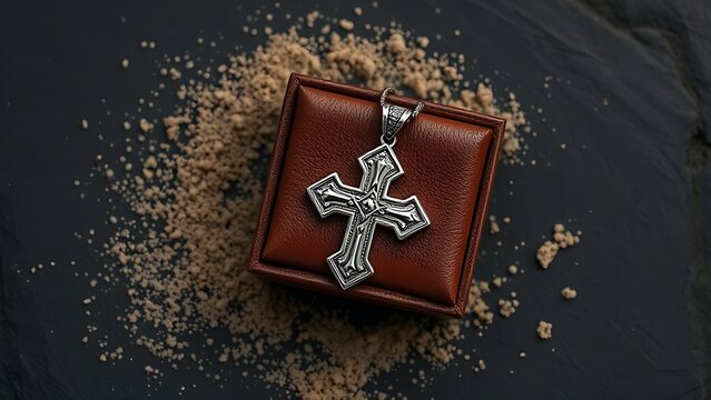 Tuareg silver cross pendant on leather box, Niger Saharan jewelry concept.