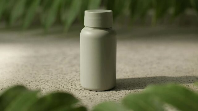 Minimalist Product Bottle Mockup Natural Green Leaves Sunlight.