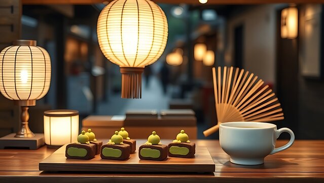 Bakery counter for Gion Matsuri with matcha sweets, lantern, and fan, Kyoto festival sweets concept.
