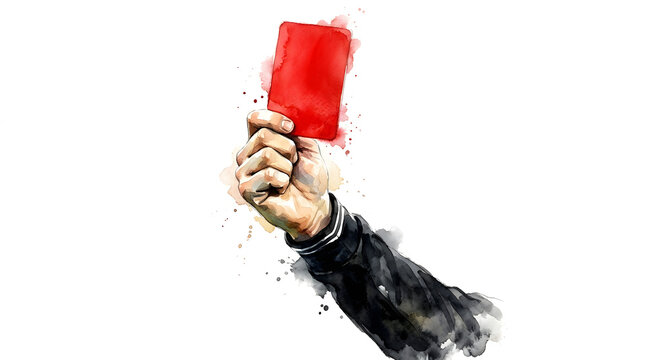 Artistic watercolor illustration of a hand holding up a red card, symbolizing a penalty or expulsion in sports.