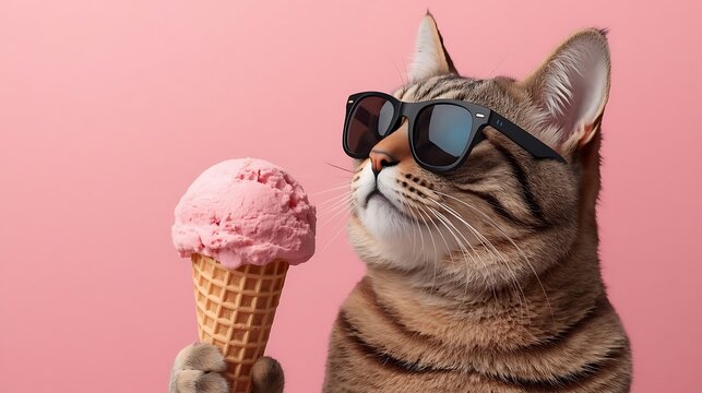Cool cat wearing sunglasses holding a pink ice cream cone on a pink background