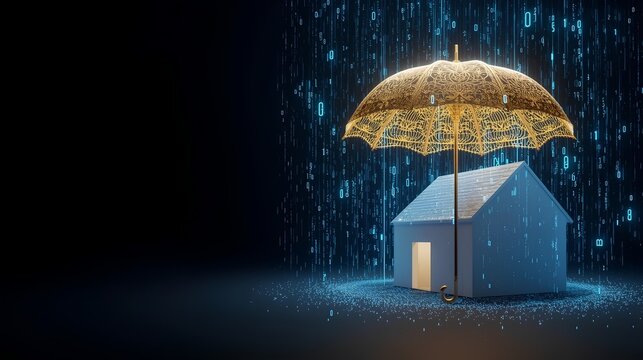 Glowing gold umbrella sheltering a miniature house from digital code rain
