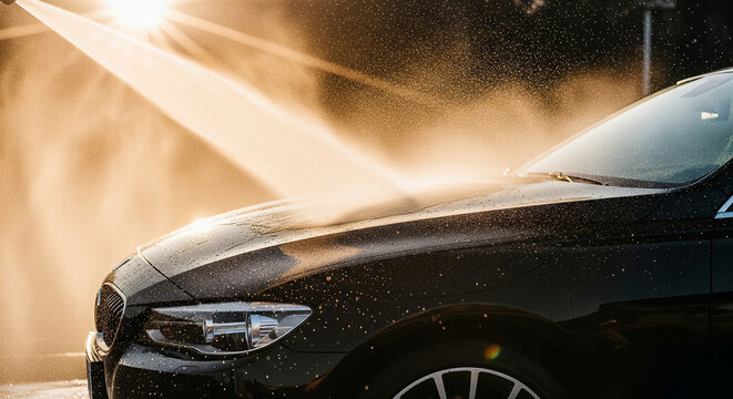 High-pressure water jet cleaning a black luxury car, perfect for professional car wash, auto detailing, and vehicle maintenance concepts
