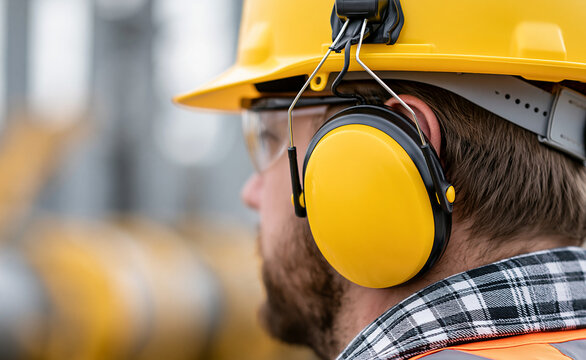 Close-up profile of an industrial worker wearing yellow noise reduction earmuffs