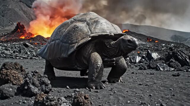 Giant Tortoise Navigates Volcanic Landscape
