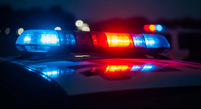 Glowing red and blue siren lights on top of a police car at night, perfect for law enforcement, emergency response, and danger concepts