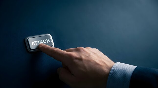 Business professional finger pressing digital attach button for file upload in modern technology interface