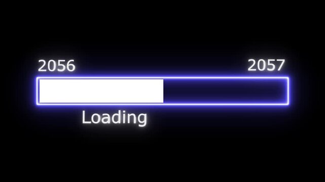 A futuristic glowing neon blue progress bar indicating a loading process from the year 2056 to 2057 against a stark black background with the word Loading displayed below