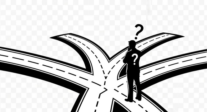 Man standing at a crossroads with question marks above his head.