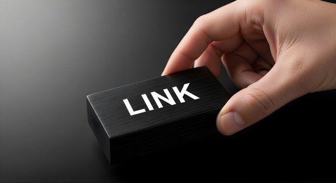 Human hand pressing a glossy black link button for digital connectivity and modern internet user interface design