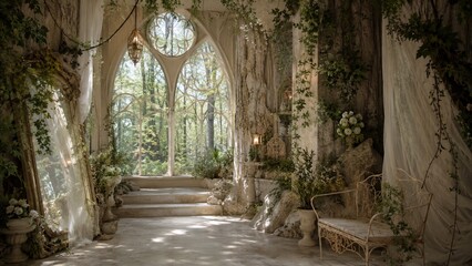 Fototapeta premium Enchanted Forest Interior with Gothic Windows and Lush Greenery