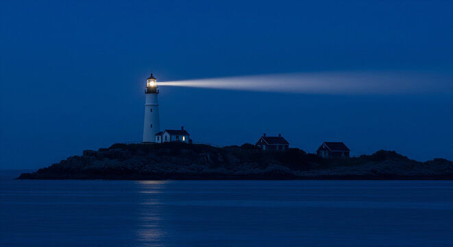 Lighthouse emitting a strong beam of light across the sea at night, perfect for guidance, navigation, and maritime safety concepts