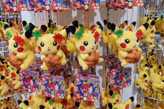 Hiroshima, Japan - April 20, 2026: Hiroshima exclusive Maple Leaf cake (momiji Manju) Pikachu pokemon plush for sale at the Pokemon Center