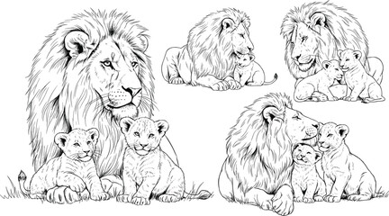 Obraz premium Lion and Cub Sketch Collection in Black and White for Animal, Family, and Wildlife Illustration Design