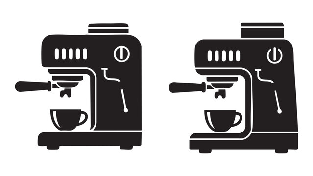 Black espresso coffee machine icons with mugs on white background