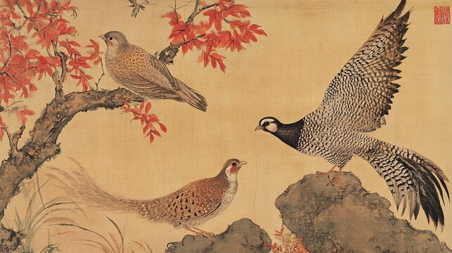 Traditional Asian art light background brown white bird on gnarled branch red leaves flying bird grey head pheasant white grey black patterned red white head rocks grass bamboo seal lower left