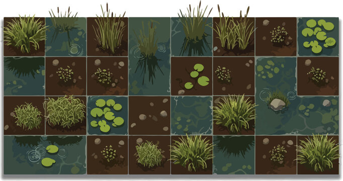 Top-down swamp map tiles, modular pond environment vector set, aquatic vegetation and marsh land textures for game design and level building