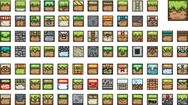 Pixel art game tileset, retro 8-bit platformer environment blocks, 2D side-scroller level design elements, 78 square terrain and nature icons