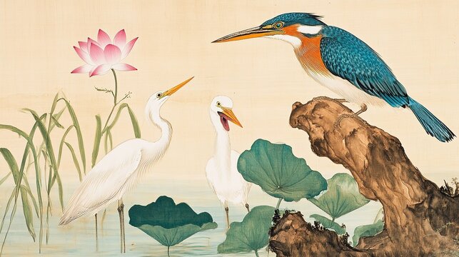 Vertical ink watercolor traditional Chinese bird flower art vibrant kingfisher perched leafy willow branch upper right two slender egrets white heads dark bodies in water left egret on brown rock mout