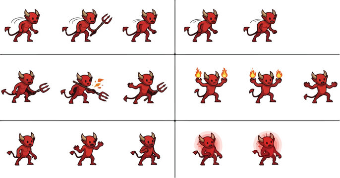 Red devil character sprite sheet, 13 cartoon demon game assets with pitchfork and fire, pixel art style satanic monster animations for gaming