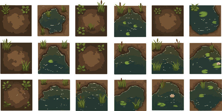 Pixel art swamp tileset, 18 game map assets with mud and water, retro 2D top-down environment sprites for level design, swampy landscape vector