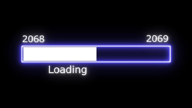 A purple neon glowing progress bar indicating a loading process from the year 2068 to 2069 with a partially filled white bar and the word Loading with ellipses