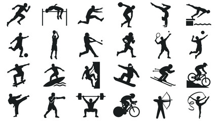 Fototapeta premium Dynamic collection of diverse sports athlete silhouettes, depicting a wide array of athletic activities and competitive actions for various disciplines