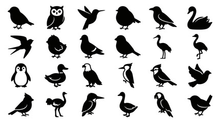 Obraz premium A collection of diverse bird silhouette icons, showcasing a variety of species from around the globe