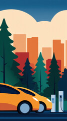 Fototapeta premium Electric car charging station city skyline forest renewable energy energy crisis solutions sustainable transport clean technology