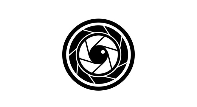 Black and white camera aperture icon, photography lens iris symbol, digital shutter graphic design element for media and vision concepts